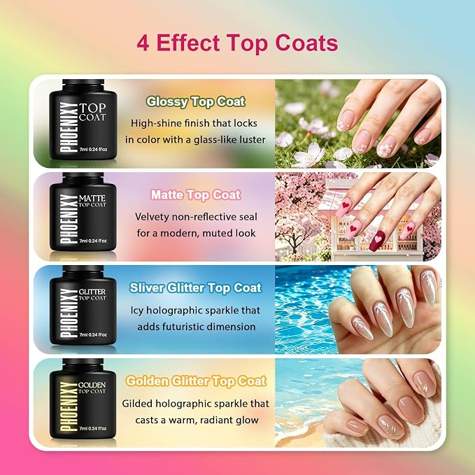 phoenixy 30pcs Gel Nail Polish Set | 24 Colors, 6pcs Base and Top Coat, Glitter Pink White Red Black Purple Blue Yellow, U V Gel, DIY Gifts for Women
