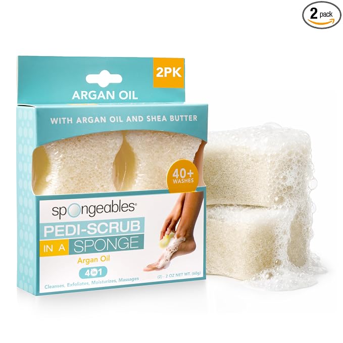 Spongeables Pedi Scrub Foot Exfoliating 20+ Wash Sponge, Argan Oil, 2 Count