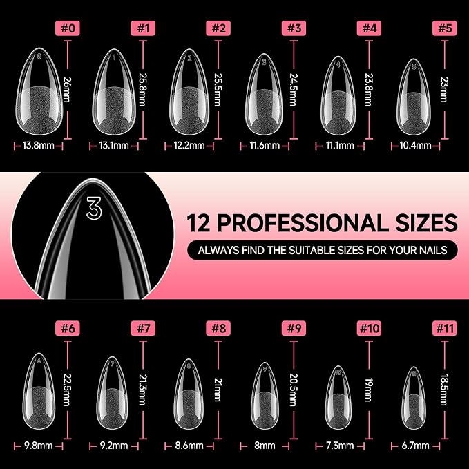 UNA GELLA Medium Almond Gel Nail Tips Almond Shape Pre-etched 120Pcs | 12 Sizes Soft Gel Clear Acrylic Fake Nails Half Matte Full Cover Nails Tips for Nail Extensions DIY Salon Long Lasting