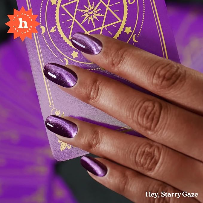 Heyhae Semi Cured Gel Nail Strips Salon Quality - Hey, Starry Gaze | No UV Light Needed | Salon Quality, Easy Apply & Remove | 28 Strips, 1 Prep Pad, Nail File, Wooden Stick | Purple Cateye