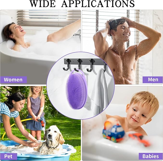 2 Pack Silicone Body Scrubber for Shower, Soft & Gentle Loofah Alternative for Sensitive Skin, Quick-Drying & Hygienic Body Wash Scrubber Brush for Women, Men & Kids (Purple & Pink)