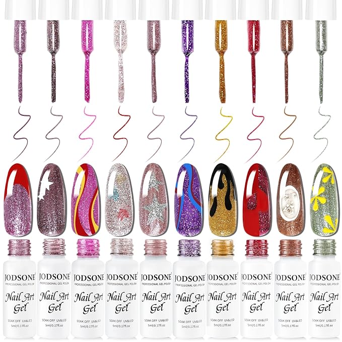 JODSONE Nail Art Gel Liner Set 10 Colors Glitter Purple Gold Green Gel Nail Polish Need U V Lamp Cured with Thin Brush at Home Salon Design,Gifts for Women