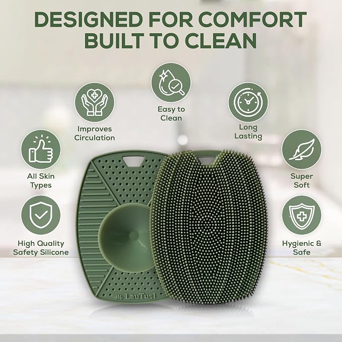 Silicone Body Scrubber — Suction Cup Mount & Hook, Gentle Exfoliating Shower Brush, Soft Loofah Alternative for Men, Women & All Skin Types — Sage Green
