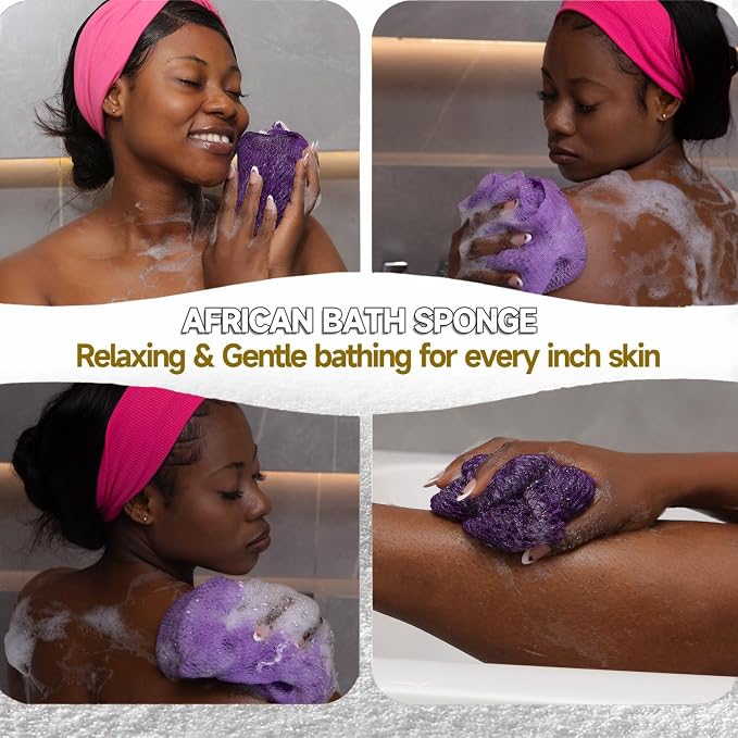 SubSahara Authentic African Net Sponge,2 Pack 45-In Exfoliating Bath Sponge and Shower Loofah for Body and Back,Colorfast Quick-Dry Knotted Mesh Scrubber with Travel Pouch(Deep purple&Iavender Purple)