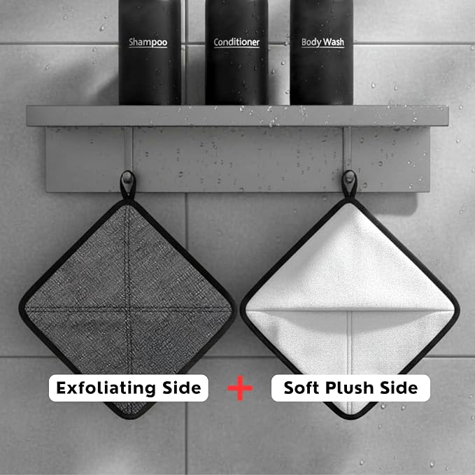 Double-Sided Exfoliating Washcloth, Body Scrubber for Shower, Hand Pocket | Rough & Soft Texture, Fast Drying, Deep Clean, Smooth Skin, Men or Women, 2 Count Pack, Bye Bye Loofah