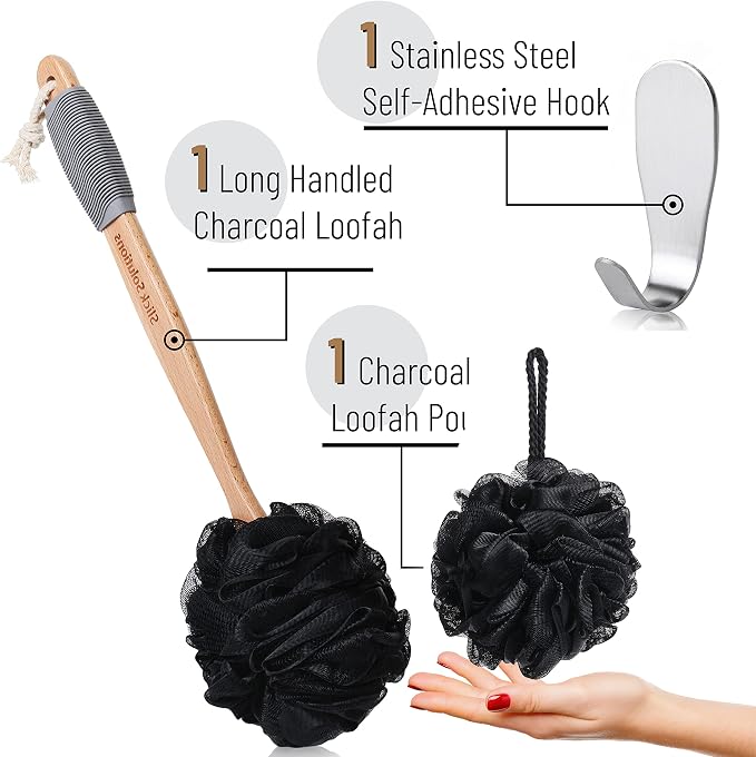 Slick- Loofah with Handle, 17", Gray, Loofah Back Scrubber with Long Wooden Handle, Shower Supplies