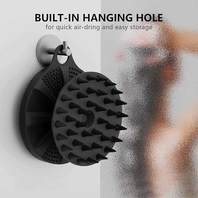 2 in 1 Shower Brush, BEAUTAIL Silicone Body Scrubber & Scalp Massager | Dual-Sided Bath Brush for Deep Cleansing & Dandruff Removal, Gentle Exfoliator for Sensitive Skin, Women, Men & Kids (Black)