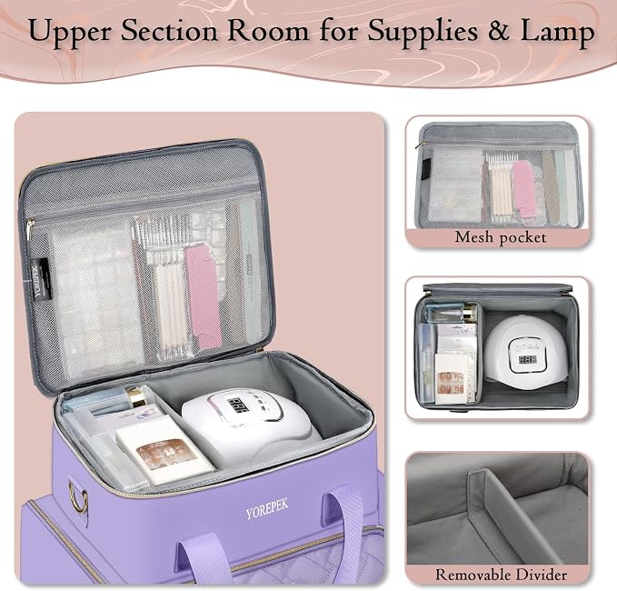 YOREPEK XL Nail Polish Organizer Holds 96 to 100+ Bottles, Lavender Purple | Gel x Nail kit Bag with 2 Removable Pouches Fits Nail Suppiles, UV lamp, Gifts for Manicurist, Women