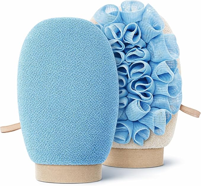 2-in-1 Exfoliating Glove for Self Tan Removal & Daily Shower | Dual-Sided Korean Body Scrubber Mitt with Loofah Sponge, Dead Skin Remover for KP, Ingrown Hair & Smooth Skin