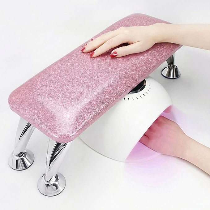 Arm Rest for Nails Tech, Easy Clean Nail Arm Rest, Reduce Back Pain for Nails Tech, Sturdy Support Armrest for Nails Fits UV LED Nail Lamp Underneath, Salon & Home Use (Pink Glitter)