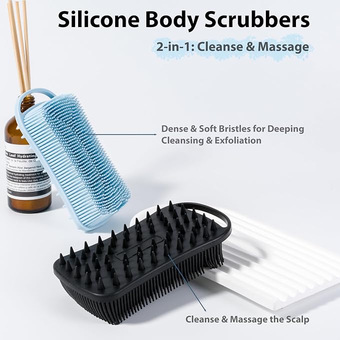 MtBoi 2 PC Silicone Body Scrubber, 2 in 1 Exfoliating Shower Bath Scrubber, Soft Silicone Loofah for Sensitive Skin, Shower Hair Scalp Massager, Easy to Clean, Lather Well (Blue&Black)