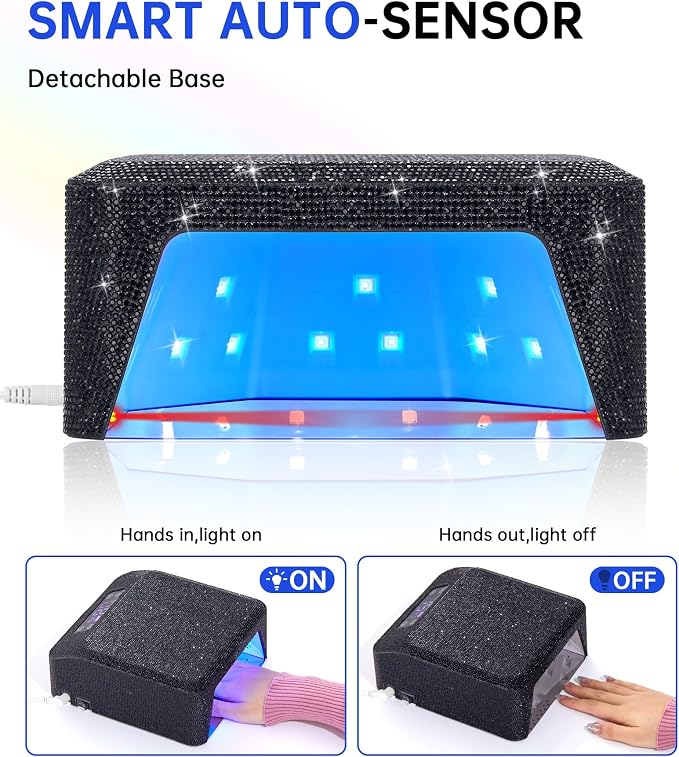 UV LED Nail Lamp, Plug-in Nail Dryer UV Light for Gel Nails Salon & Home | 39 Beads | 96W | Auto Sensor | Detachable Base | 4 Timers | Rhinestone | Black Sparkly