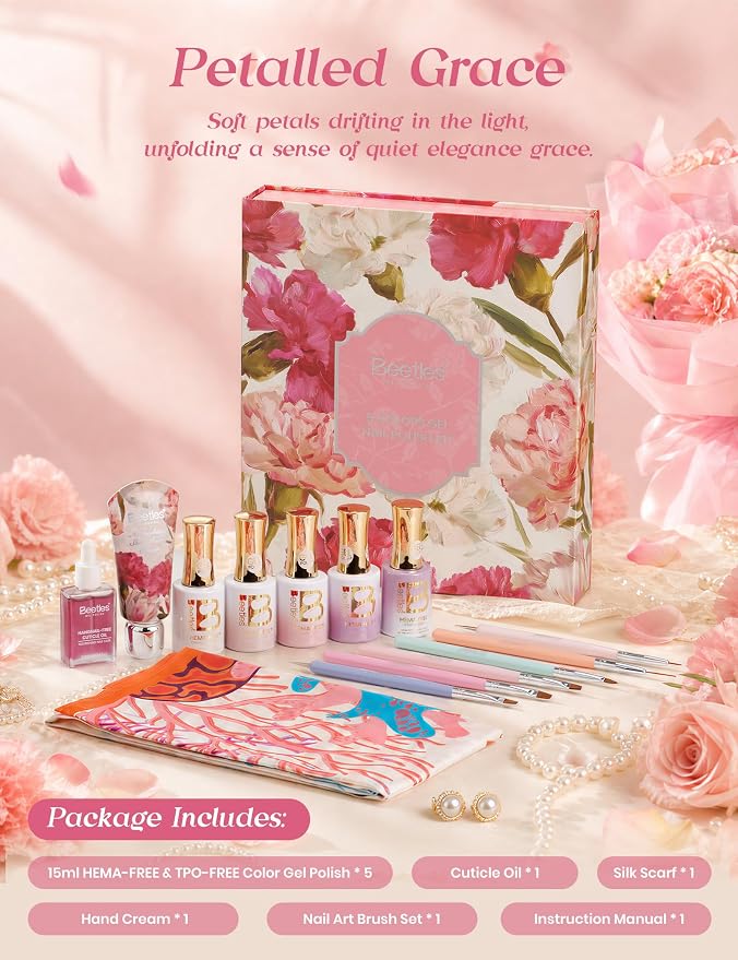 Beetles Petalled Grace Gel Nail Polish Kit, 4 Sheer Colors and 1 Cat Eye | Milky Nude Pink Purple Cat Eye Gel Nail Set Soak Off UV with Magnetic Shimmer, Nail Art Brushes, Cuticle Oil and Gift Box