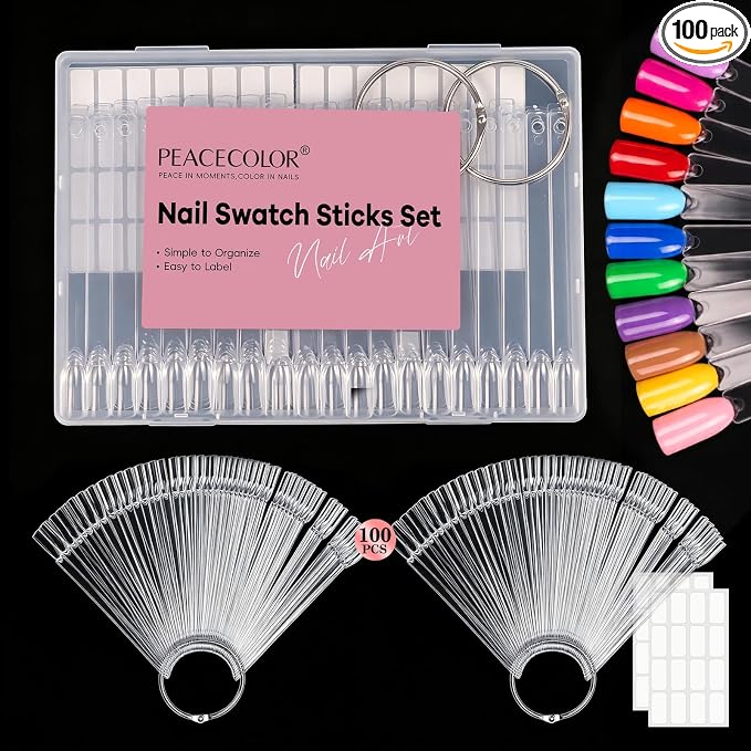 PEACECOLOR 100 Pcs Nail Swatch Sticks with Ring, Nail Color Swatches Display Kit with 120 Blank Number Sticker & Protective Container Box - Clear Fan-Shaped Swatch for Nail Art Practice Home and Salon