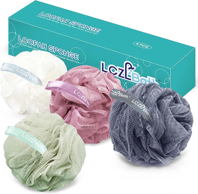 Shower Loofah 4PCS Soft Bath Body Sponge 60g Loofa Set Thick Wash Puffs for Women and Men (Pink-White-Blue-Green)