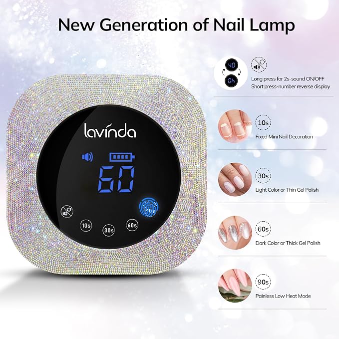 Lavinda UV LED Nail Lamp for Gel Nails, Cordless Rechargeable Nail Light with 4 Timer Settings, Touch LCD Display, Removable Base, 54W Professional Nail Dryer for Salon Home Use Diamond Design