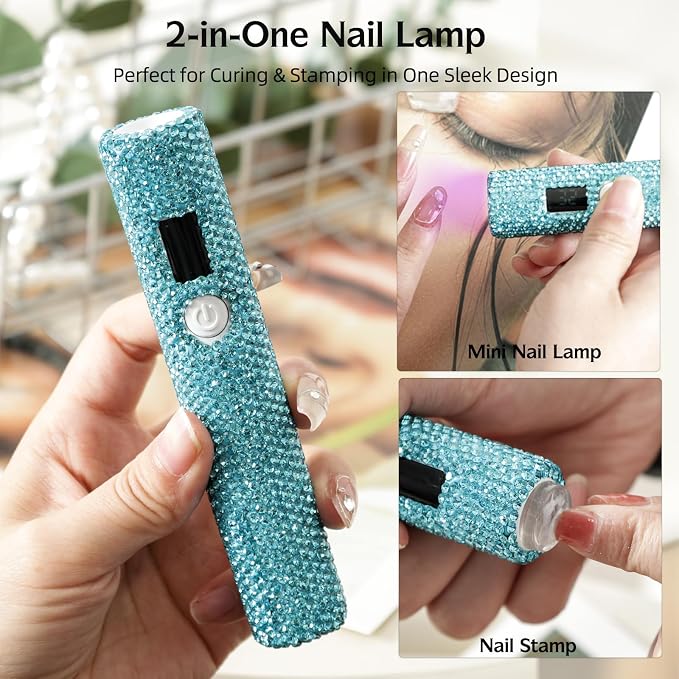 Handheld UV Nail Lamp with Sparkly Rhinestones Green | 3W Portable LED Nail Lamp, Wireless Rechargeable USB Nail Dryer with Silicone Stamper, LCD Display, for Home DIY Manicures