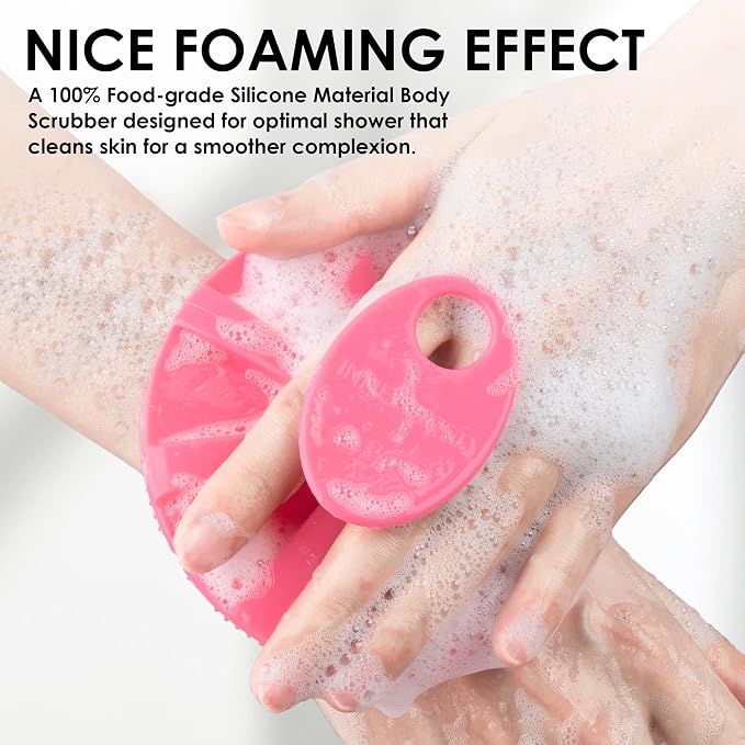 INNERNEED Food-Grade Soft Silicone Body Scrubber Shower Brush, Green+Pink | Handheld Cleansing Skin Brush, Gentle Exfoliating and Lather Well, Hygienic Bath Scrub for Women, Men