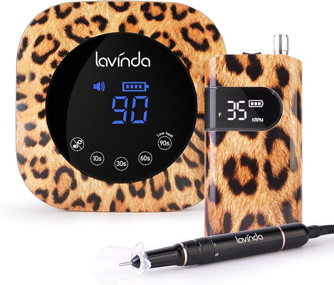 Lavinda Leopard UV Light for Gel Nails 54W Cordless Rechargeable Nail UV Lamp Nail Light & 35000RPM Electric Nail Drill Portable Rechargeable Nail Efile
