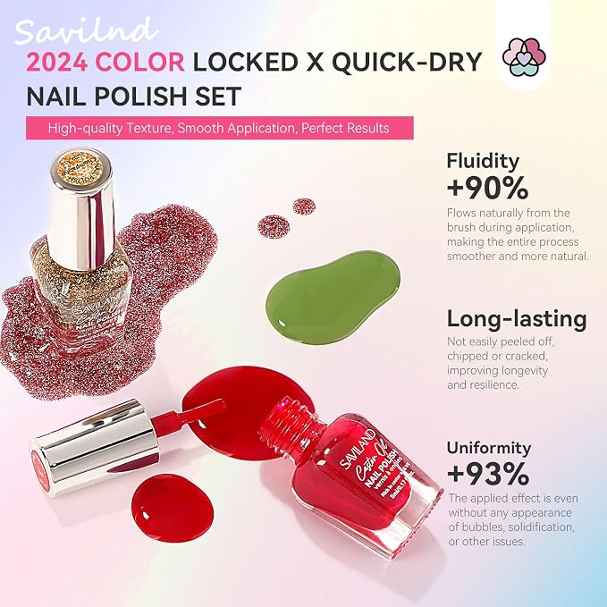 SAVILAND 36 Colors Nail Polish Set Quick Dry: Brown Black Glitter Locked X Tech Regular Pastel Nail Polish Kit Fingernail Polish with Top Base Polish Coat 39 Pcs Home Salon Travel Set