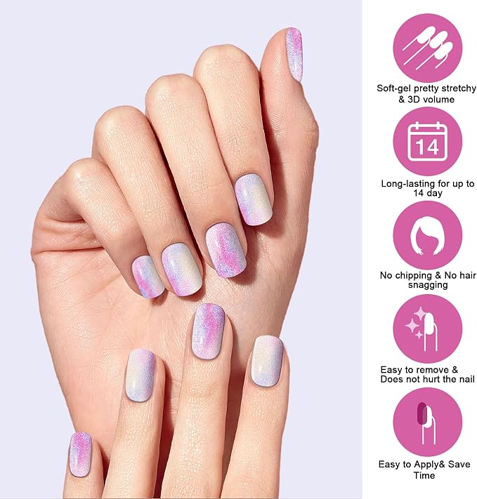 Semi Cured Gel Nail Strips, 22pcs UV Nails Polish Art Sticker, Nail Wraps with UV Light Required for Home Manicure DIY, Long Lasting, Easy Application & Removal, Salon Quality (Aurora Pink 048)
