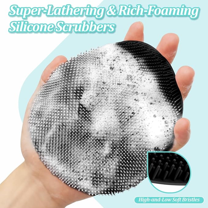 Upgrade Silicone Bath Glove with Straps, 360° Anti-Slip & Enlarged Exfoliating Body Scrubber for Rich Foaming Deep Cleaning, No-Grip & Hand-fit Shower Scrubber for All Skin Types(Blackx2)