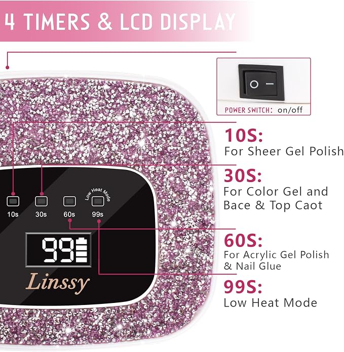 Linssy Rechargeable UV LED Nail Lamp,Portable Cordless Nail Gel Lamp | Gel Nail Dryer Light 4 Timings & Diamond LCD Screen with Auto Sensor, UV Light for Gel Nails at Home Salon (White)