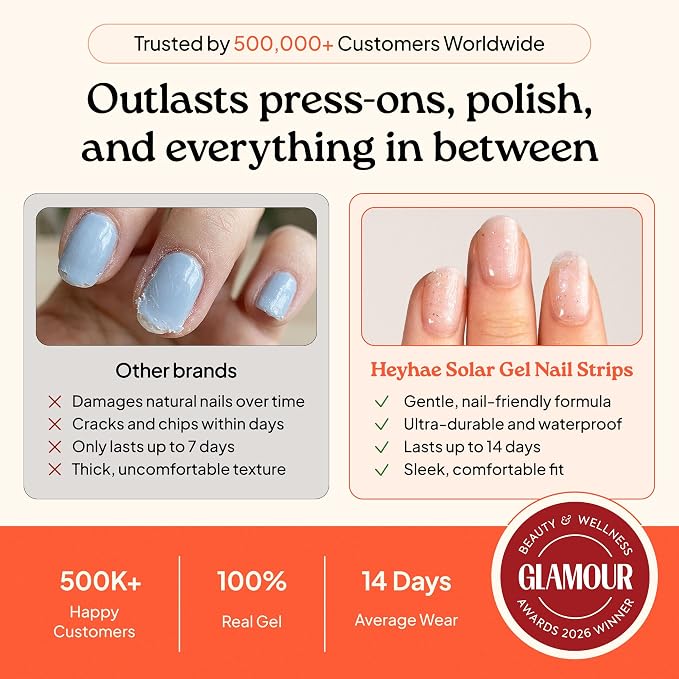 Heyhae Semi Cured Gel Nail Strips Salon Quality - Hey, Sweet Glaze | No UV Light Needed | Salon Quality, Easy Apply & Remove | 28 Strips, 1 Prep Pad, Nail File, Wooden Stick | Pink Beige