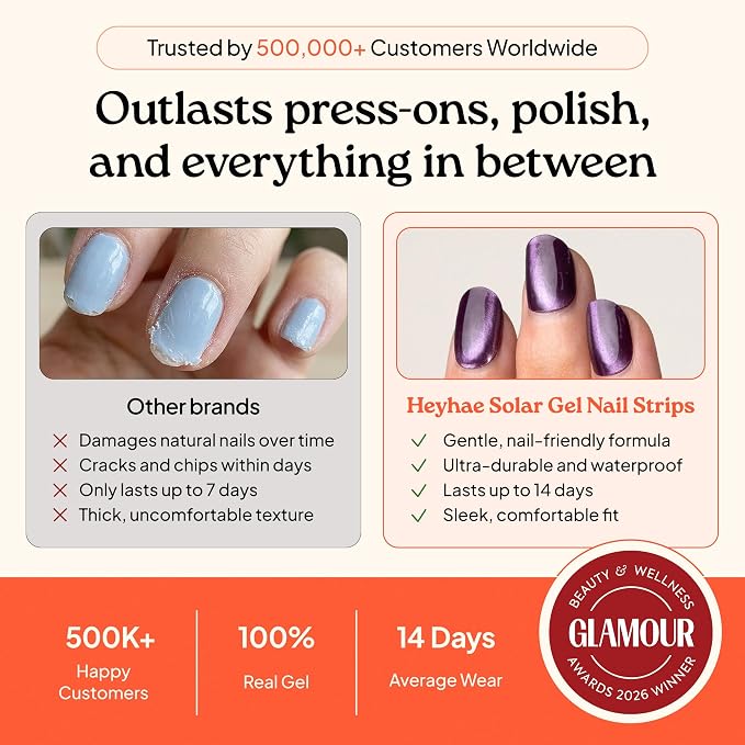 Heyhae Semi Cured Gel Nail Strips Salon Quality - Hey, Starry Gaze | No UV Light Needed | Salon Quality, Easy Apply & Remove | 28 Strips, 1 Prep Pad, Nail File, Wooden Stick | Purple Cateye