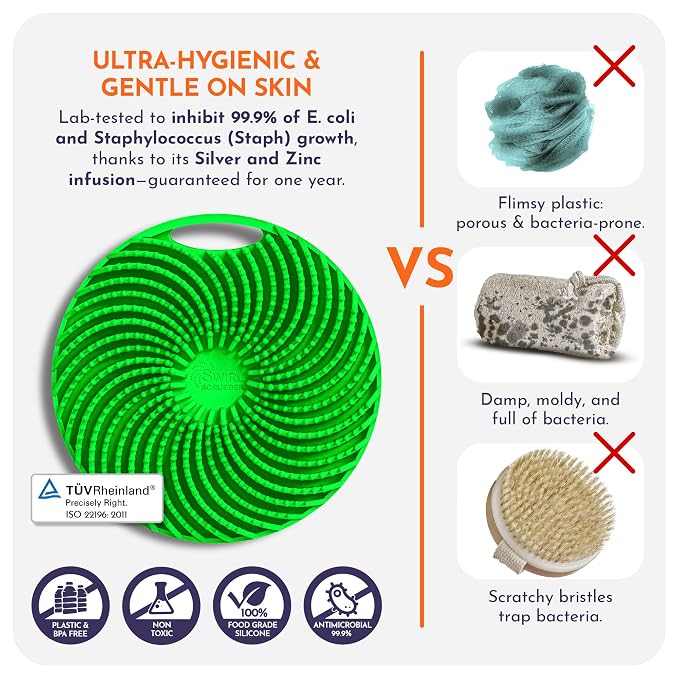 Antimicrobial Silicone Body Scrubber - Green - Shower Hanger & Sticker, Lymphatic Support, Deep Exfoliation-Cleansing, Family Hygiene | Deep-cleansing exfoliating shower scrubber includes hanger and wall sticker for convenient family hygiene