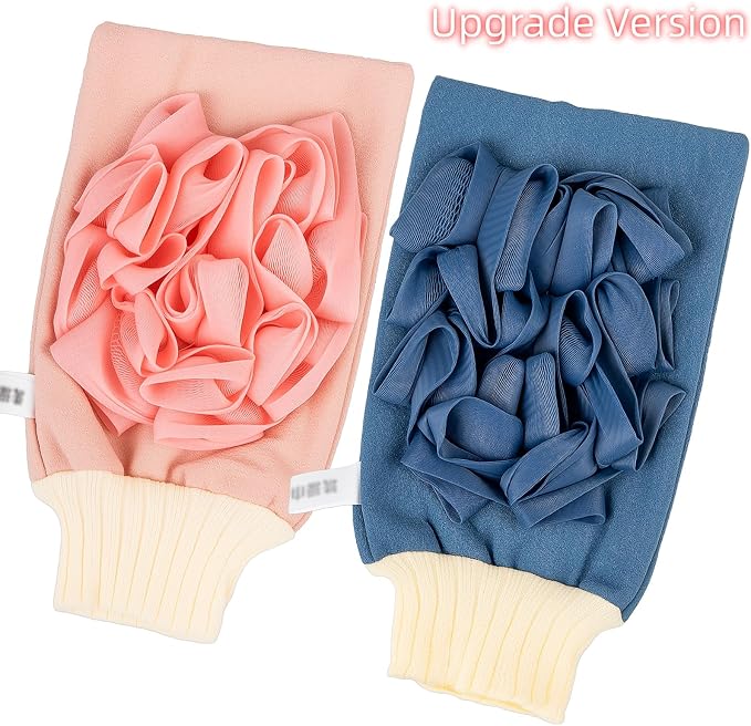 Deep Exfoliating Mitts (2pcs) Double-Sided Gloves for Shower, Body Massage Scrub & Bath Loofah Sponge，Skin Exfoliator, Dead Skin Remover (Pink & Blue)