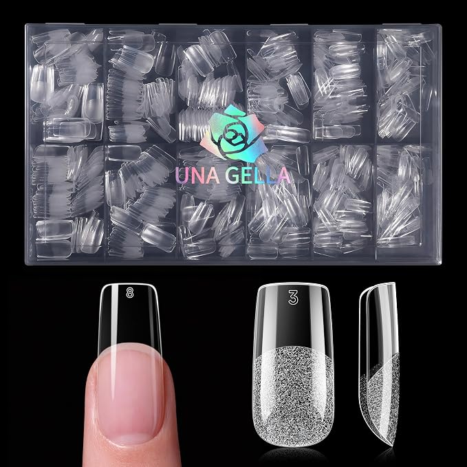 UNA GELLA 600pcs Medium Square Nail Tips, Pre Etched Nail Tips Square | Press on Nails Soft Gel Clear Fake Nails Full Cover For Nail Extension Home DIY Nail Salon 12 Sizes
