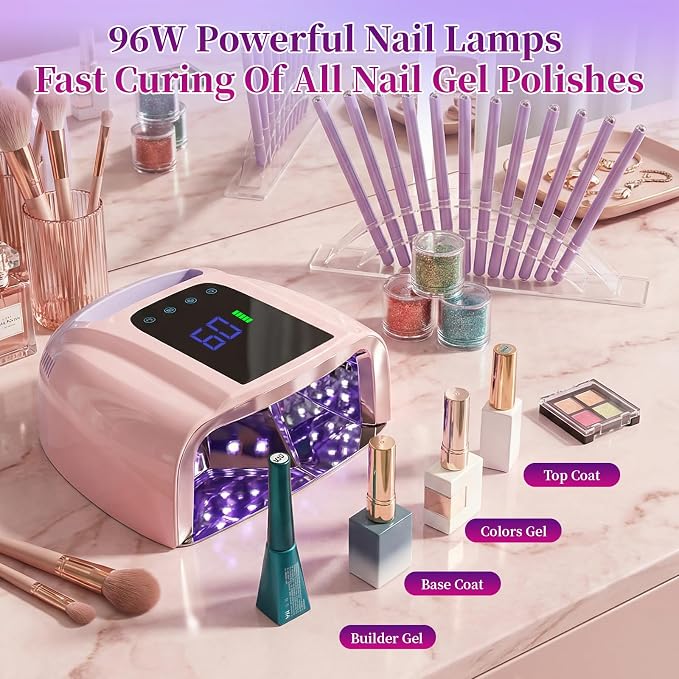 96W Rechargeable UV LED Nail Lamp, Cordless UV Light for Nails with LCD Display Auto Sensor, 4 Timer Setting and Smart Sensor Nail Dryer,Nail Cure Light with Removable Bottom（Pink Purple）