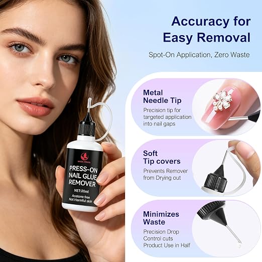 3 x 20ML Press-On Nail Glue Remover with Nail Removal Tool, Acetone-Free | Fast Glue Dissolver for Fake Nails, Adhesive Residue & Nail Polish, Not for Gel Polish