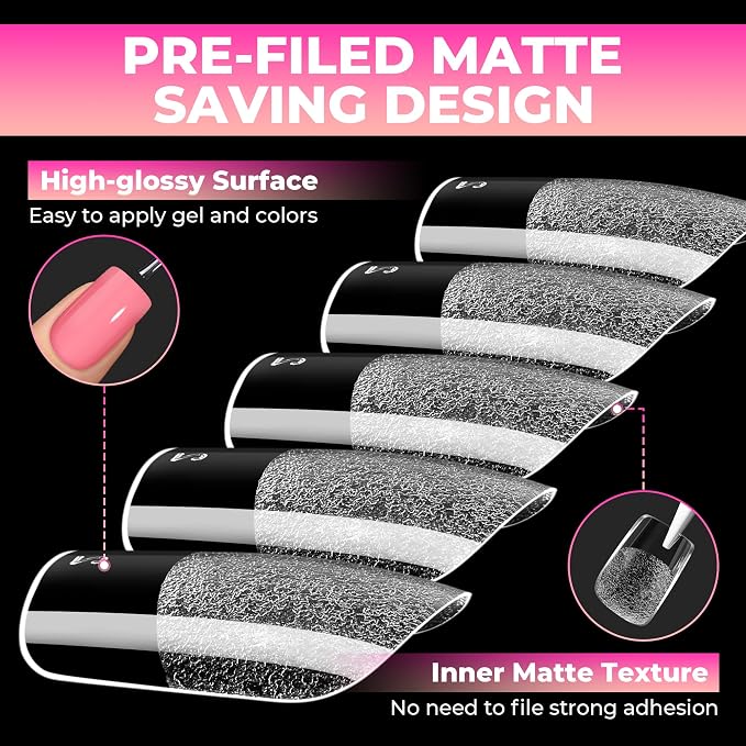 UNA GELLA Short Square Gel Nail Tips 510Pcs 15 Sizes Half Matte Full Cover | Pre-etched Short Square Press on Nails Fake Acrylic Clear Nails No C Curve Tips for Nail Extensions DIY Home Salon for Women