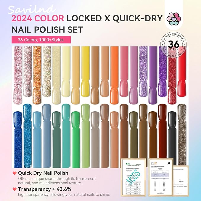 SAVILAND 36 Colors Nail Polish Set Quick Dry: Brown Black Glitter Locked X Tech Regular Pastel Nail Polish Kit Fingernail Polish with Top Base Polish Coat 39 Pcs Home Salon Travel Set