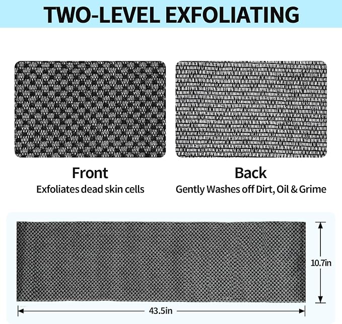Exfoliating Washcloth Shower Towels Rich Silver Ion & Carbon Fiber | Premium Japanese Style Exfoliating Body Scrubber for Back Acne, KP & Smooth Skin, Longer Body Scrub Exfoliator with 2 Sides