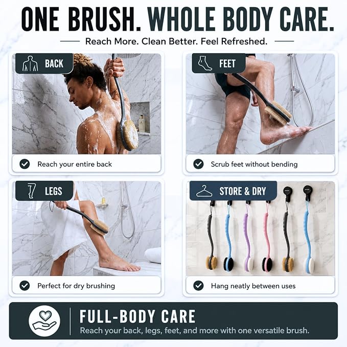 Avilana Long Handle Body Brush for Shower, 19 Inch Curved Back Scrubber with Soft & Stiff Bristles, Exfoliating Body Brush for Back, Legs & Feet, Non-Slip Silicone Handle, Replaceable Head System