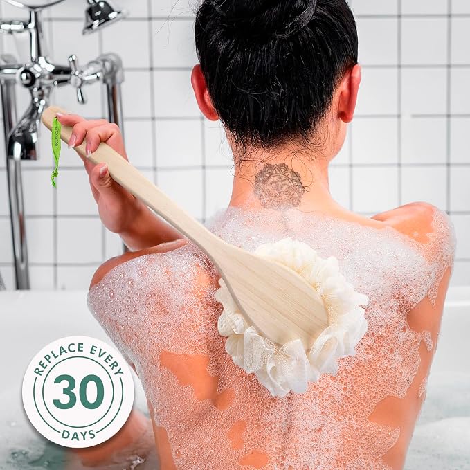 Bath Pouf with Handle - Hard-to-Reach Cleansing Sponge - EcoPouf Bath Brush - Assorted Colors (Pack of 2)