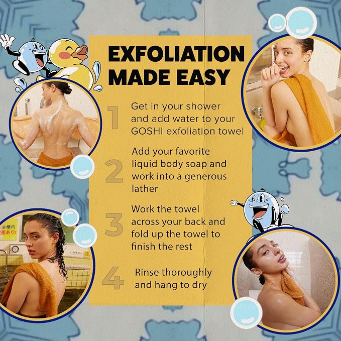 GOSHI Exfoliating Shower Towel - Long Body Scrubber, Orange | For back acne, KP & smooth skin, durable quick dry nylon washcloth, ethically crafted in Gunma, Japan
