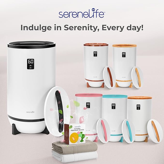 SereneLife Towel Warmer Bucket Style – Portable Blanket Heater for Spa and Bathroom, Large Capacity, Customizable Fragrance, Auto Shut-Off, Fits 2 Large Towels or Blankets, One-Touch Control, Black