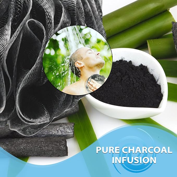 SHOWER BOUQUET Loofah-Charcoal Bath-Sponge-4-Pack Extra-Large 75g Soft Mesh | Black Luffa Loufa Loofa Puff Set / Exfoliating Body Scrubber Lufas for Women and Men – Face & Body Shower Loofah Sponge