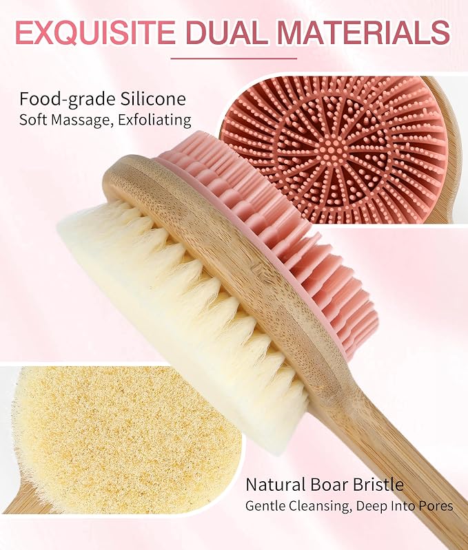 Back Scrubber for Shower - Double-Sided Silicone and Super-Dense Bristles for Deep Cleaning & Exfoliation, Bamboo Long Handle with Wider Anti-Slip Grip, Rich Foam, Durable (Pink)