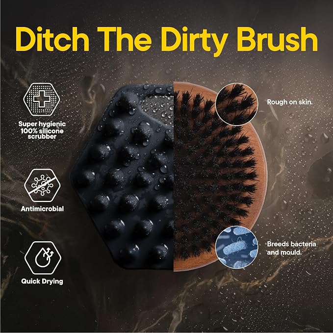 TOOLETRIES Silicone Beard Scrubber for Men with Hook - Charcoal | Beard brush and exfoliator that removes beardruff and oil build-up while boosting beard wash and oil performance.