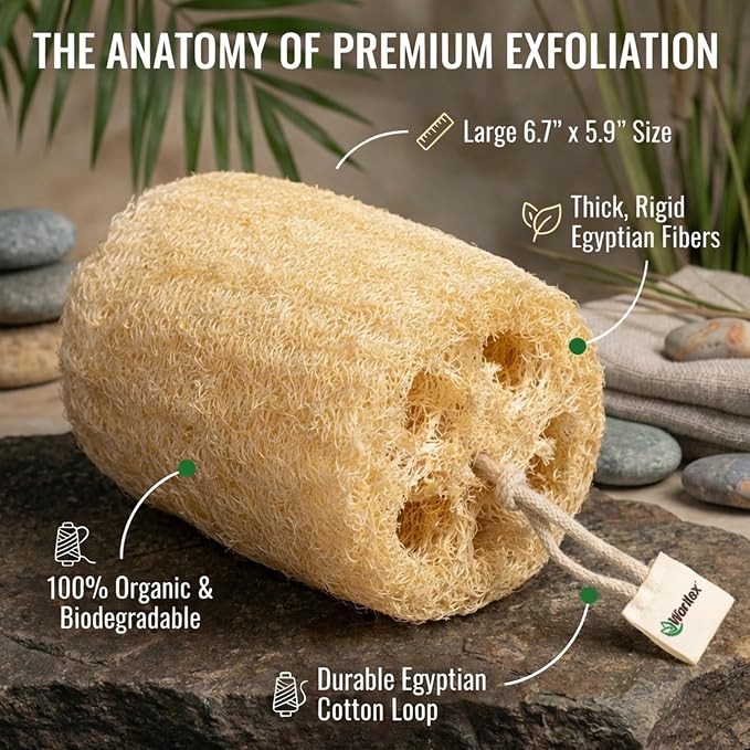 Waritex Organic Egyptian Loofah Sponges Exfoliating Scrubber Bath [3 Pack] | Natural Loofah Fiber for Gentle Skin Exfoliation, Deep Cleansing Full Body Spa Experience, Smooth Radiant Skin Care