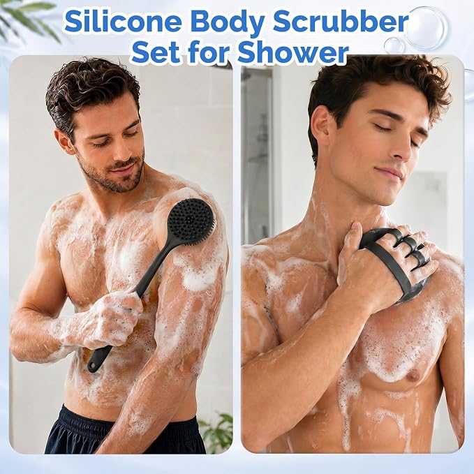 Manmihealth Silicone Body Scrubber Shower Brush Set Thin Bristles Black | 4PCS Super-Cleansing Body Scrubber & Strong Lathering Power Bath Glove Combination