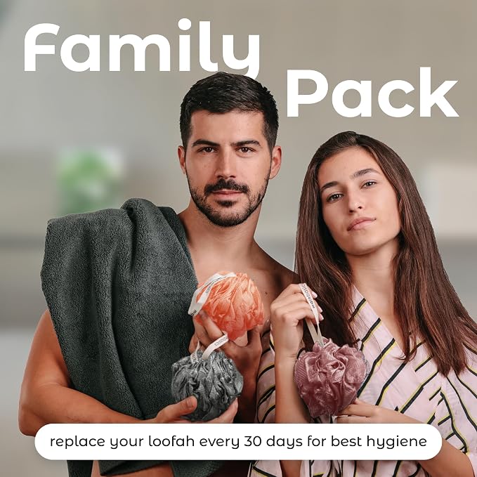 MainBasics Shower Loofah Sponge Pouf, Set of 3, Coral Reef | Soft Mesh Body Scrubber and Bath Sponge for Gentle Exfoliation, Rich Lather, and Everyday Shower Use
