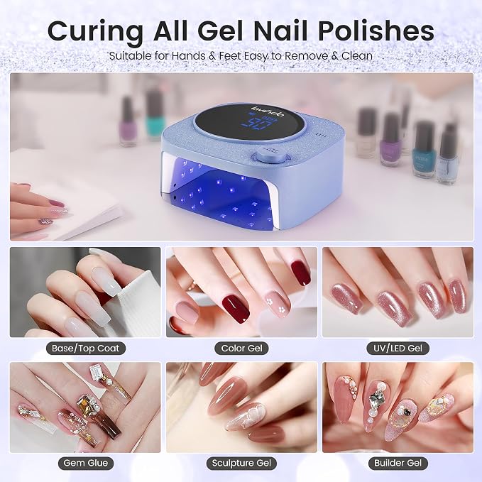 Lavinda 54W Purple Glitter Cordless Nail Lamp for Gel Nails | 36 dual-wavelength LEDs, low-heat curing, 4 timers, auto sensor, removable base, nail art practice, glam salon setups