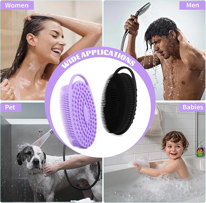 Silicone Body Scrubber Loofah – 2 Pack Soft Silicone Shower Scrubber, 2-in-1 Bath & Shampoo Brush, Gentle Loofah Alternative for Sensitive Skin, Fast-Drying, Black & Purple