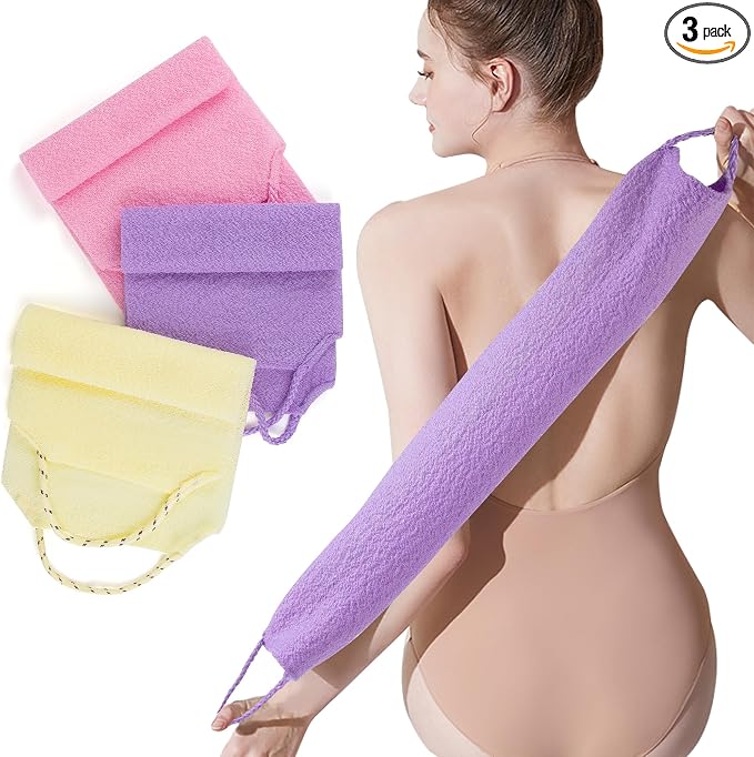 Silkyhose 3Pcs Dual-Sided Exfoliating Stretch Back Scrubber with Handles | Reusable Shower Essential. Deep Skin Cleansing. Textured Design. Soft, Gentle & Durable. 3 Colors: Beige, Pink, Purple.